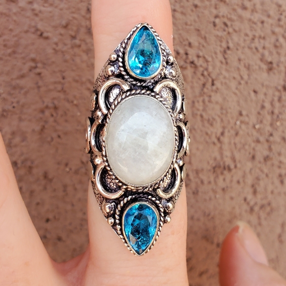 New Rainbow Moonstone & Blue Topaz 925 Silver Statement Ring. - Picture 8 of 15